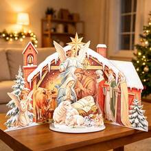 Christmas Nativity Scene 3D Pop Up Greeting Card, Holy Birth Stable Pop‑Up Design With Holy Family, Angels, Three Wise Men, Ox, Sheep,Rabbit, Bethlehem Star & Snowy Cabin Elements,Foldable Religious Xmas Card, Creative Handmade Christian Holiday Gift - Vintage Nativity Double Door Pop-up Greeting Card - View 1