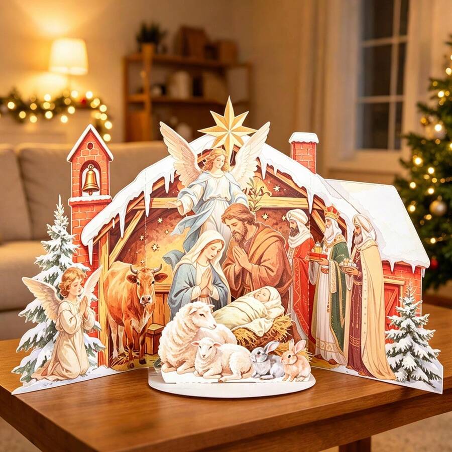 Christmas Nativity Scene 3D Pop Up Greeting Card, Holy Birth Stable Pop‑Up Design With Holy Family, Angels, Three Wise Men, Ox, Sheep,Rabbit, Bethlehem Star & Snowy Cabin Elements,Foldable Religious Xmas Card, Creative Handmade Christian Holiday Gift - Vintage Nativity Double Door Pop-up Greeting Card - View 1