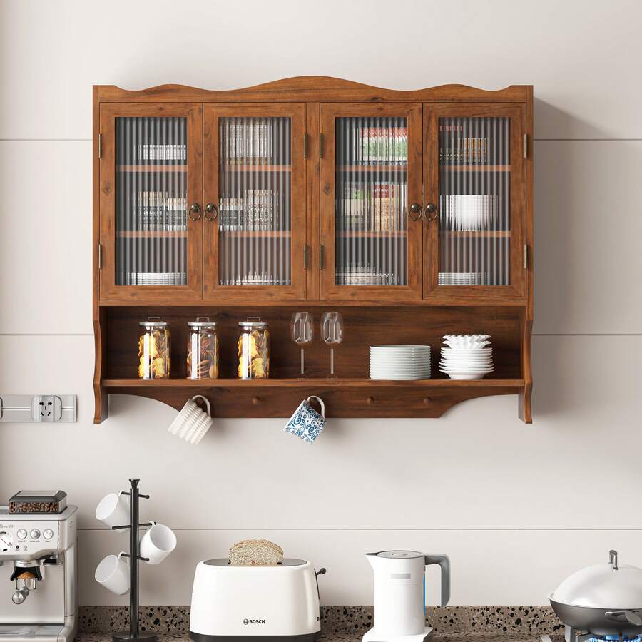 100CM Retro 4 Door Wall-Mounted Cabinet, Featuring Two Layers Of Storage Space And An Open Hook Rack Space,Suitable For Bathrooms, Kitchens, Dining Rooms, Brown - 棕色 - 查看 1
