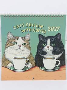 2027 Cat Drinking Coffee Fun Desktop Calendar, Vintage Illustration Cute Pet Desktop Decor Ornament, Holiday Gift Plan Check-In Vertical Calendar - A - View 7