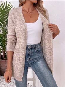 Women's Longline Knit Cardigan Sweater V-Neck Open Front Long Sleeve Patch Pockets Relaxed Fit Casual Elegant Fall Winter Commute Outerwear Vacation - Khaki - View 2