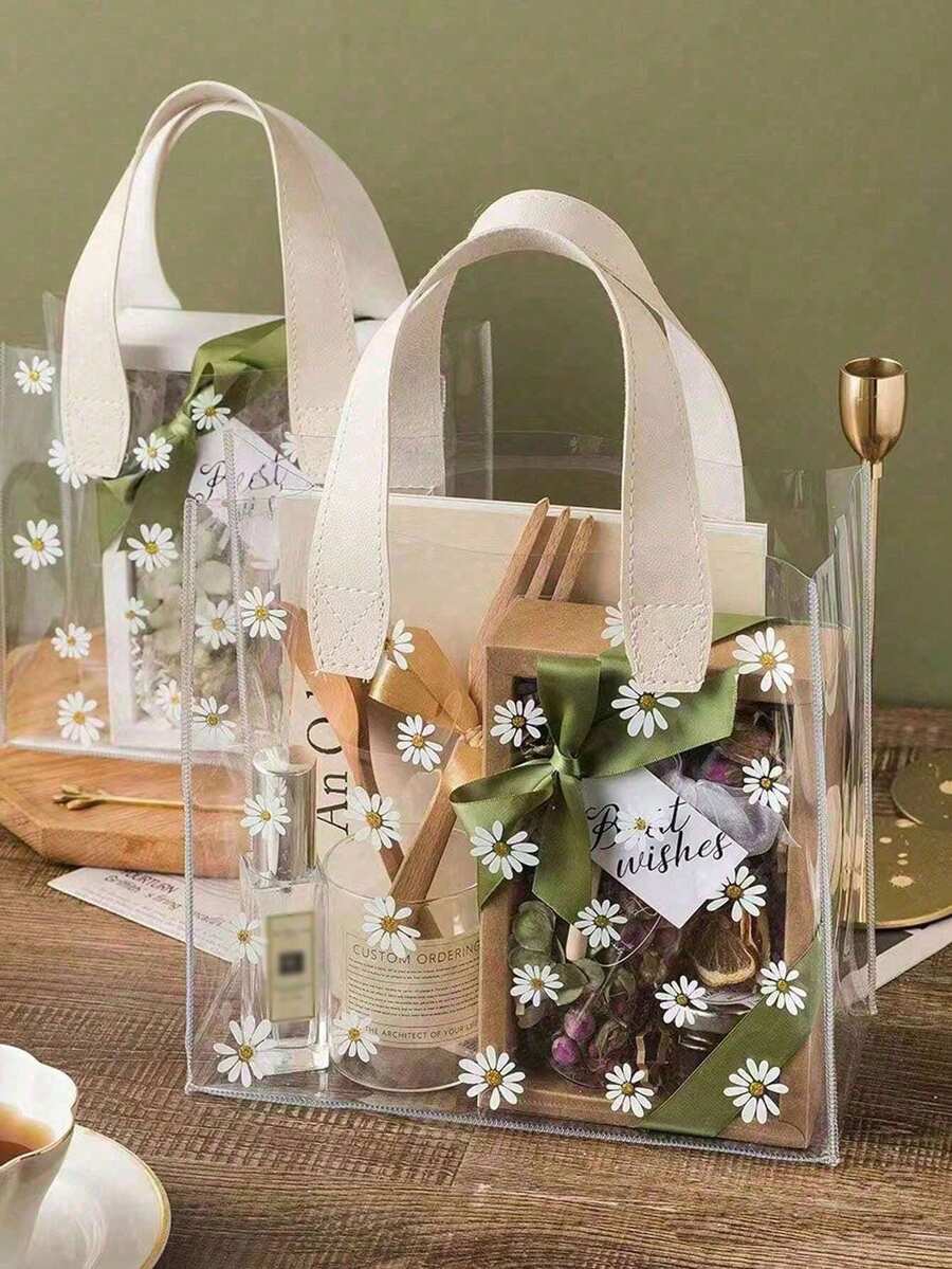 Bolsa de regalo de mano de PVC transparente, bolsa tote de PVC transparente con diseño de margarita, bolsa de regalo reutilizable para vacaciones, regalo de vacaciones