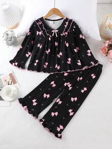 Sweet Bow Print Girls' Loungewear, Ruffle Trim Loose Long Sleeve Young Girl' Pajamas - Black - View 10