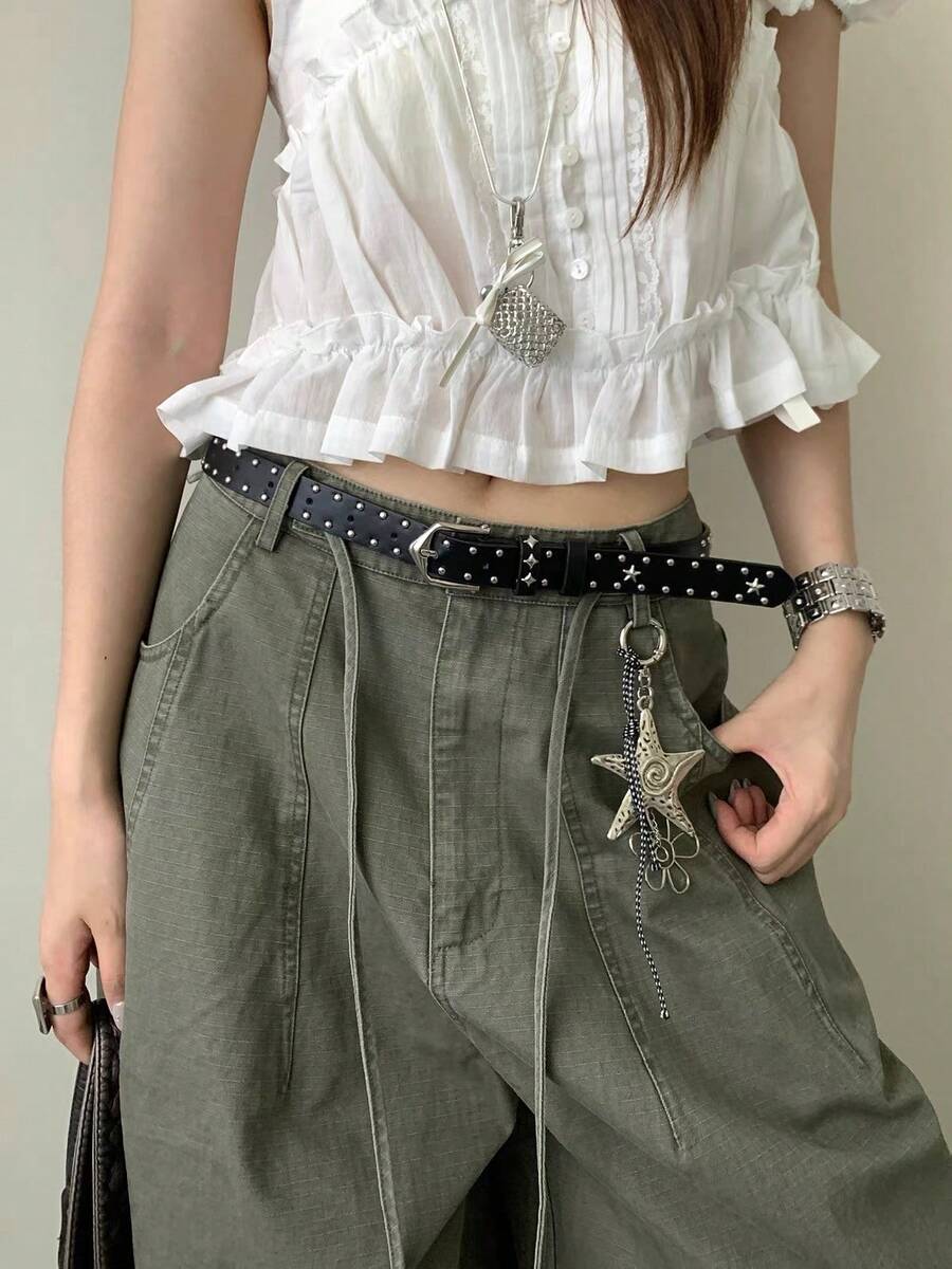 1件/套 星星龐克波希米亞復古女款五角星鉚釘串珠腰帶,適合四季穿搭 - 黑色 - 查看 1
