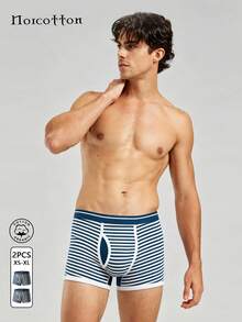 Norcotton 2pcs Men's Mid-Waist Red Trim Striped Boxer Briefs, Men's Underwear - Blue - View 1