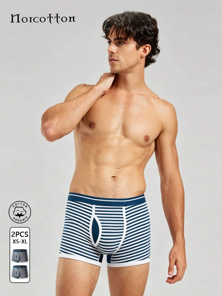 Norcotton 2pcs Men's Mid-Waist Red Trim Striped Boxer Briefs, Men's Underwear - Blue - View 1