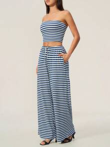 TimeOff Women's One Set Striped Strapless Bandeau Tank Top With Waist Drawstring And Side Pockets Wide Leg Pants 2 Pieces Set - Royal Blue - View 9