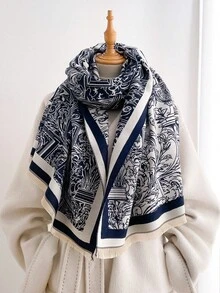 1pc Retro Classical Vase Scroll Motif Print 65*185cm Rectangle Scarf, Thick Faux Cashmere Brushed Polyester Winter Shawl For Travel Party Daily Outing - Multicolor - View 7