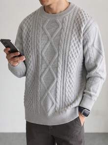 GRKC Sweater Rajut Kabel Minimalis Warna Polos untuk Pria, Gaya Kasual untuk Kantor Rumahan dan Perjalanan, Lengan Panjang, Kerah Bulat, Musim Gugur/Dingin - Grey - View 2