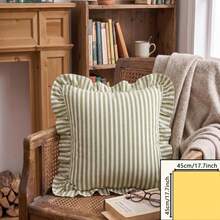 Joivida 1/2/4pcs Green & White Striped Ruffle Edge Pillow Covers, Washed Cotton French Country Farmhouse Cushion Covers, No Insert, Soft Breathable Washable Decor For Sofa Bed Living Room, Multiple Sizes - Green and White Vertical Stripes - View 12