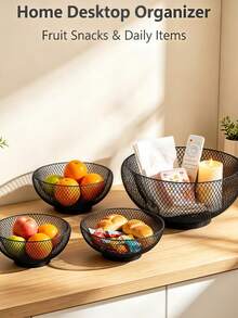 Black Metal Fruit Basket, Round Hollow Mesh Countertop Fruit Bowl, 3 Sizes Available, Fruit Holder With Stable Base, Ventilated Metal Storage Bowl For Fruits, Snacks And Tabletop Home Decorations - Black - View 3