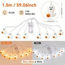 1pc 10 LED Halloween Spooky Ghost With Pumpkin String Light Hanging Indoor And Outdoor Decorative Lamp Battery Powered Suitable For Party Halloween Holiday Bedroom Bar Shop Park Garden Fireplace Tree Decor - Multicolor - View 2