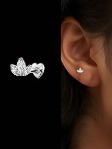 1pc 925 Sterling Silver Heart Flat Back Stud Earring, Press-In Screwless Flat Back Earring, Tragedy Earring, Flat Back Earring, Spiral Earring, Cartilage Earring - Silver - View 5
