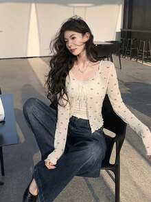 女款長袖前綁帶蝴蝶結針織開襟毛衣（不含內搭上衣）白色秋季 - 白色 - 查看 5