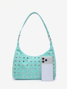 1pc Women's Vintage Autumn/Winter New Blue Suede Rivet Tassel Adjustable Shoulder Strap Baguette Bag, Suitable For Outings, Dates, Commuting, Shopping - Mint Blue - View 4