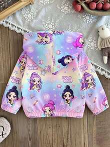Young Girl Cartoon Print Warm Hooded Jacket - Purple - View 3