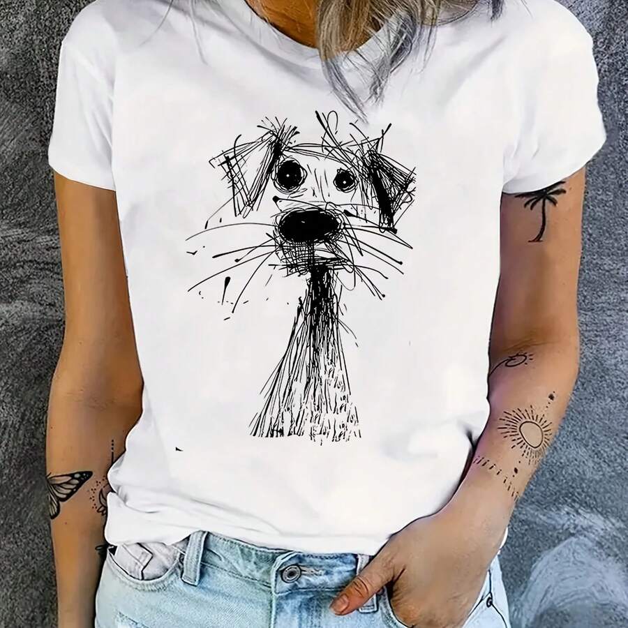 Summer T-Shirt With Round Neck And Creative Cartoon Dog Graphic Print, T-Shirt For Girls And Women. - 款式 - 查看 1