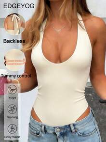 EDGEYOG Women's Summer Autumn Y2K Sexy Solid Color Tight Bodysuit Camisole, Low Cut Backless Spaghetti Strap, Suitable For Gym Yoga Party Fitness Running Back To School Season - Apricot - View 3