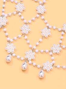 outingfit 1pc Vintage Pearl Hair Chain Hollow Flower Hat Bridal Wedding Atmosphere Hair Accessory Headband - Silver - View 4