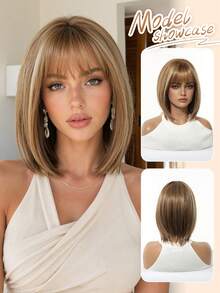 Topshe 12 Inch Short Layered Bob Synthetic Wig With Air Bangs, Suitable For Women's Daily Wear, Straight Natural Hairstyle, Dark Chestnut Brown/Yellow Brown, Heat Resistant And Styleable, Beginner-Friendly Wig - Multicolor - View 13