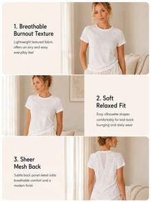 Sodalemon Women's Knit Jacquard Semi-Sheer Spring Summer Fall Contrast Mesh Round Neck Raglan Sleeve Short Sleeve Neck Slim Fit Tops For Casual Daily Wear - White - View 3
