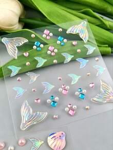 2pcs Mermaid Ocean Theme Face Gem Stickers, Iridescent Shell Fish Tail Rhinestone Pearl Face Decals, Self-Adhesive Face & Body Decoration, Suitable For Music Festival, Cosplay, Party,Halloween Costume - Multicolor - View 9