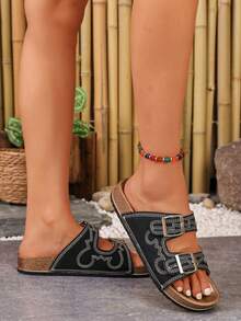 1 Pair New Summer Casual Women's Sandals, Fashionable Metal Buckle Double Strap Design Round Toe Open Toe Women's Slippers, Suitable For Party, Travel, Hotel, Apartment, Summer Street, Summer Sandals, Can Be Matched With Various Summer Outfits Women's Black Sandals - Black - View 3