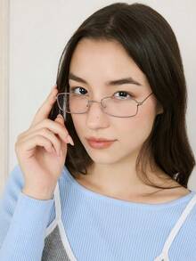 Okurime 1pc Blue Square Optical Glasses Frame For Women, Narrow Face, Lightweight Copper Alloy Rectangular Glasses - Silver - View 1