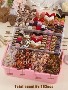 863pcs Faux Suede Brown Tone Vintage Girls Hair Accessories Set, Includes Bow/Flower Hair Clips, Star Snap Clips, Mini Claw Clips, Bow/Rabbit Ear Hair Ties, Bamboo Knot Towel Scrunchies, Ruffle Elastic Hairbands And TPU Rubber Bands, Suitable For Daily, Party, Travel Use - Multicolor - View 12