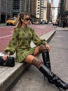 Vintage Matcha Green Large Polka Dot Knit Long Loose Fit Women's Sweater With Puff Lantern Sleeves And Ruffle Hem Vacation Fall - Green - View 4