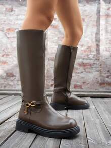 Women's Vintage Metal Buckle Riding Boots, Thick Sole Side Zipper High Shaft Long Boots, Slimming Brown Western Equestrian Boots, Black Boots, Women's Boots - Brown - View 4