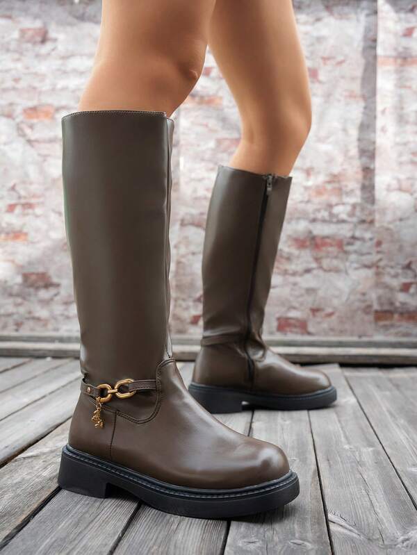 Women's Vintage Metal Buckle Riding Boots, Thick Sole Side Zipper High Shaft Long Boots, Slimming Brown Western Equestrian Boots, Black Boots, Women's Boots