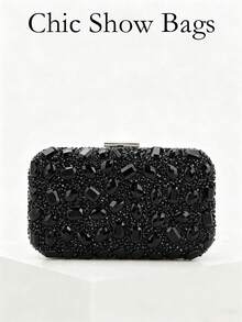 Women's Luxury Sparkling Crystal Decorated Square Box Clutch, Detachable Metal Chain Shoulder Strap, Wedding Accessory - Black - View 9