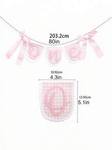 1pc Pink Plaid ONE Banner With Lace Trim And Bow, Baby 1st Birthday Party Wall Decoration Photo Prop - Multicolor - View 5