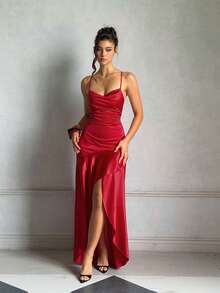 Vestido de fiesta rojo de verano con espalda descubierta, volantes y cuello cuadrado, elegante, adecuado para citas, vacaciones y playa - Rojo - Ver 5