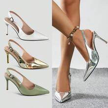 2026 New Fashion Solid Color Sexy PU Leather Buckle Glossy Elegant Thin High Heel Pointed Toe Shallow Backless Pumps For All Seasons And Holidays - Gold - View 1