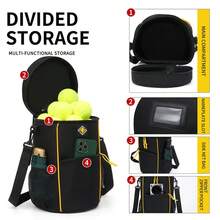 Portable Tennis Bucket Bag, Lunch Tote & Crossbody Storage, Quick Flip Lid, Front Zip Pocket, Mesh Side Pockets, Adjustable Strap, Self-Standing Base. Durable Nylon, Black/Yellow. For Outdoor Sports & Commuting. - Black - View 10