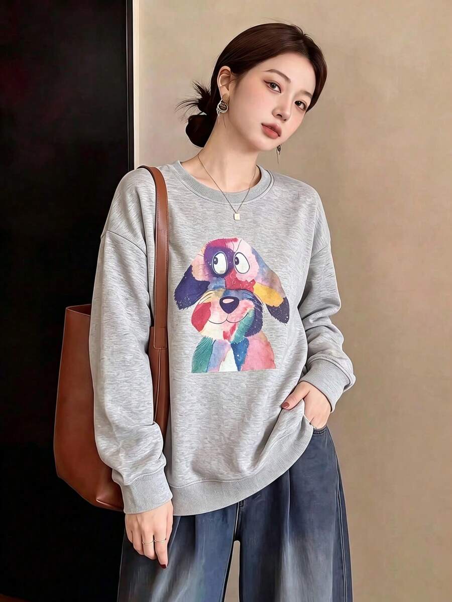 Sweet Cute Versatile Casual Puppy Print Loose Fit Sports Sweatshirt - Light Grey - View 1