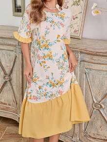 Women's Floral Print Yellow Ruffle Trim Patchwork Short Sleeve Round Neck Loose Mid-Length Nightgown Loungewear - Yellow - View 5