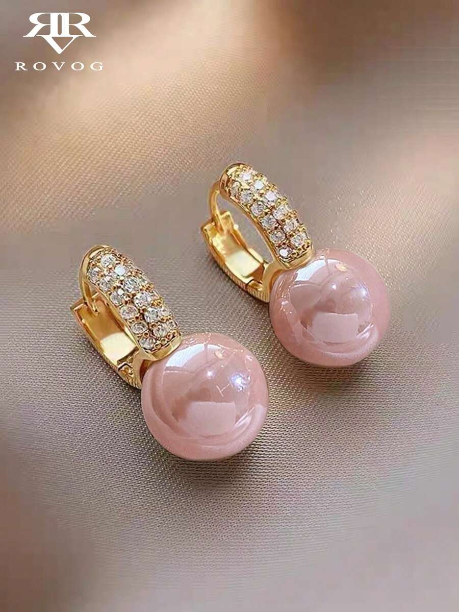 1對奢華立方鋯石粉色仿珍珠銅合金圓環耳環，適合女性日常與派對穿著