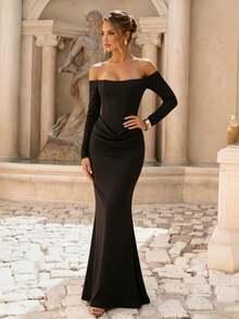 Elegant Women's Black Long Sleeve Off-Shoulder Formal Dress, Ruched Waist Design, Perfect For Evening Parties And Events,  Made Of Medium Stretch - Black - View 3