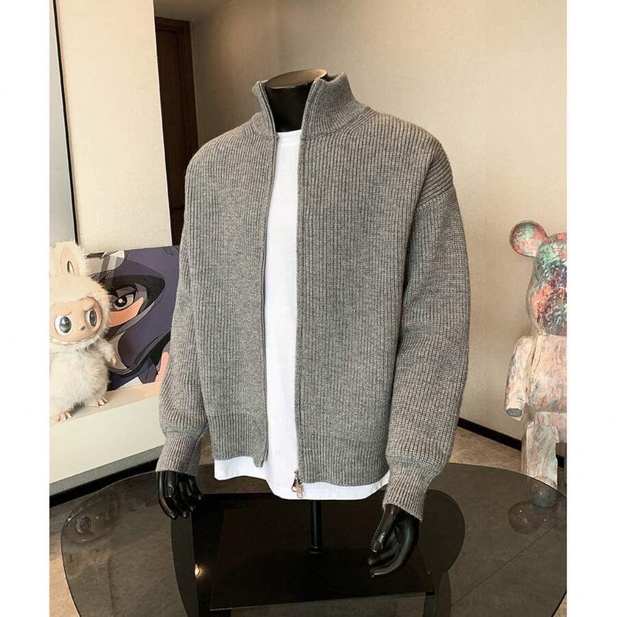 Herren Herbst Reißverschluss Pullover Strick Pullover American Stand Up Kragen Cardigan Jacke - Grau - Übersicht 1