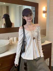 Women's Halter Neck Square Shoulder Long Sleeve T-Shirt Autumn Top - Apricot - View 5