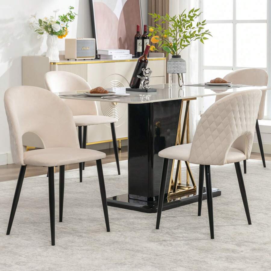 Dining Chair Style Design Beige Back Diamond Metal Frame - 米色 - 查看 1