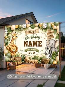 Customizable Name Jungle Animal Adventure Birthday Backdrop, Safari Balloon Palm Leaf Cartoon Animal Design, Personalized Party Decoration Photography Banner Vinyl - D - View 5
