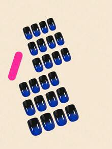 Fashionable 24pcs Blue & Black Gradient Luster Press-On Short Square Nails For Creating Daily Elegant Appearance Plus Jelly Gel & Nail File Nail Supplies - Blue - View 3
