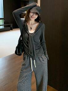 Kaos Lengan Panjang 2 in 1 Gaya Korea dengan Ikatan Depan yang Santai, Atasan Lapisan Dasar Serbaguna Slim Fit untuk Wanita, Musim Gugur/Dingin - Dark Grey - View 2