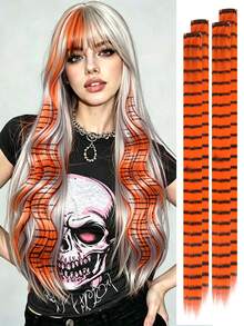 4pcs Leopard Print & Striped Hair Extensions, 20 Inch Colorful Long Straight Clip-In Hair, Suitable For Women's Daily Wear, Party, Halloween And Other Holidays - Multicolor - View 9
