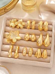 18pcs 9 Pairs Gold Tone Stainless Steel Stud Earrings Set For Women, Geometric Flower Shell Heart Earrings, Daily Vacation Party Jewelry - Gold - View 8