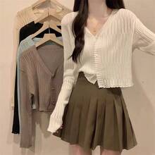 1 Black And White Apricot Green Thin Ruffle V-Neck Knit Cardigan Long Sleeve Sun Protection Shawl - Multicolor - View 3